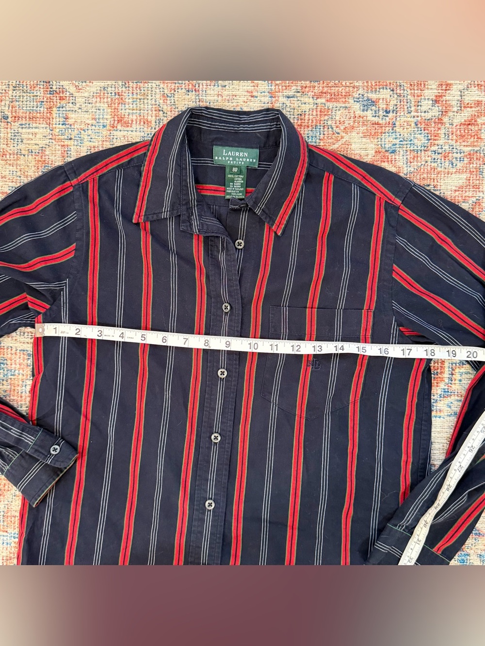 Lauren Ralph Lauren Petite Shirt 8P Navy Red Stripe Monogram Cotton Button Down - Picture 8 of 10